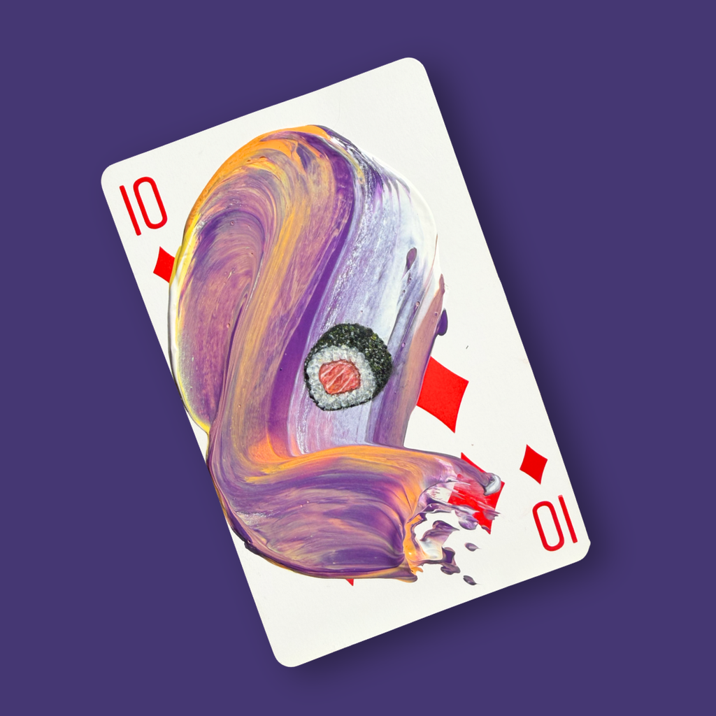 Sushi by Hira A., acrylic on a 10 of Diamonds playing card, close-up